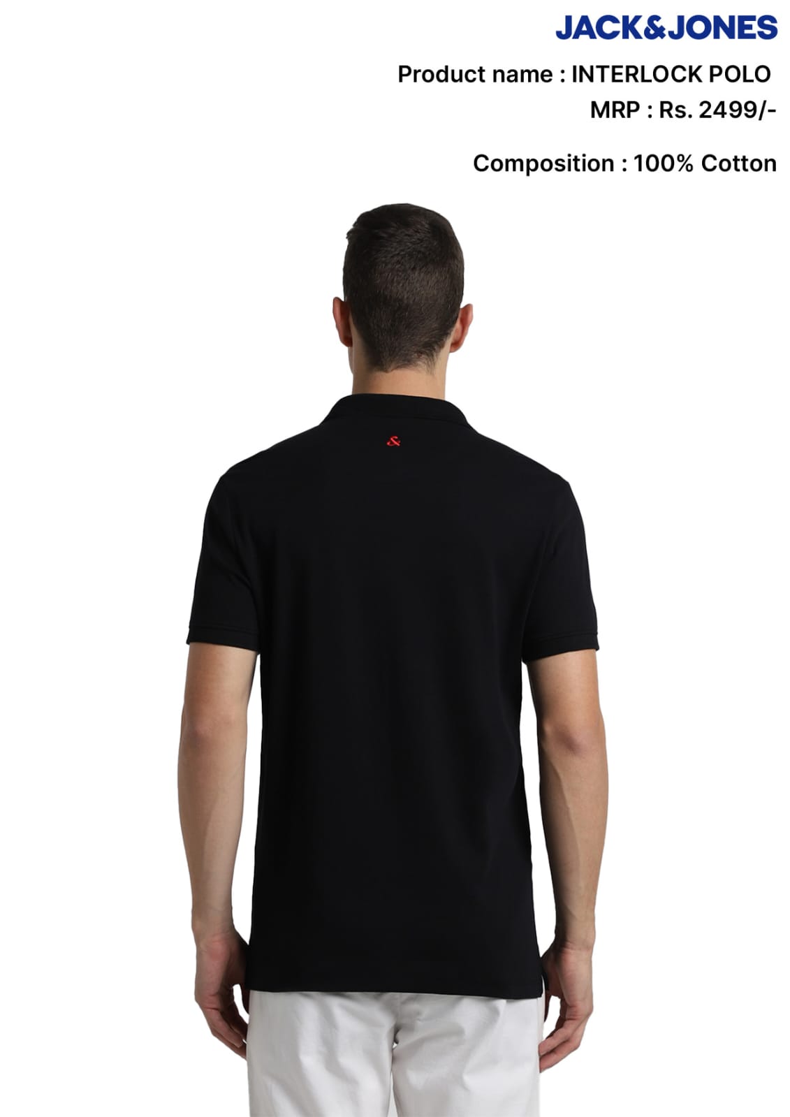 Back view of a man wearing a premium black Jack & Jones 100% cotton Interlock Polo for corporate gifting in Bangalore.