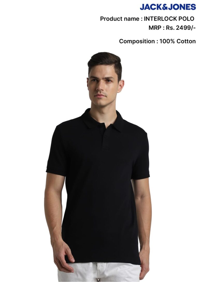 Front view of a Jack & Jones Interlock Polo showing the signature red ampersand branding detail for corporate orders.