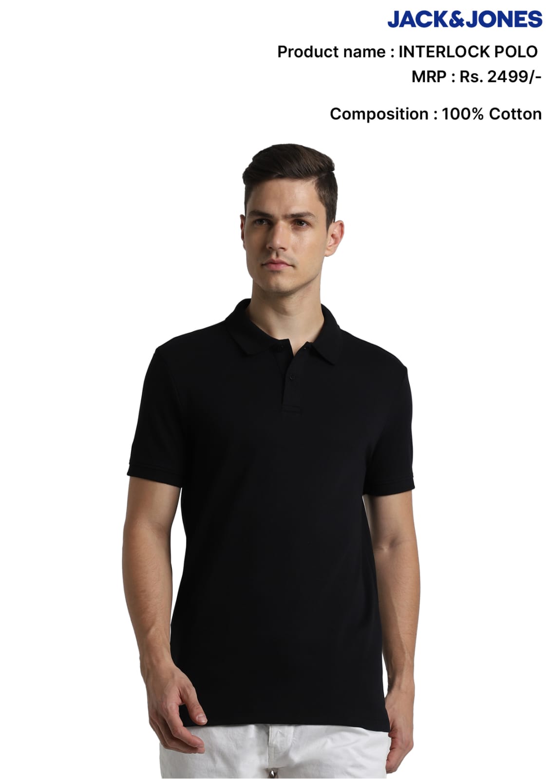 Front view of a Jack & Jones Interlock Polo showing the signature red ampersand branding detail for corporate orders.
