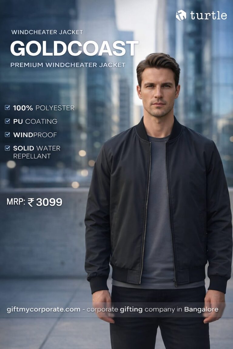 Turtle Goldcoast black windcheater jacket for corporate gifting and employee rewards in Bangalore