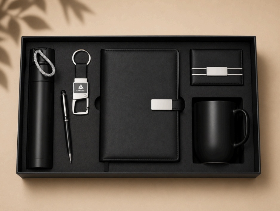 Premium 6-in-1 executive corporate gift set with bottle, diary, wallet, mug, pen and keychain for corporate gifting Bangalore