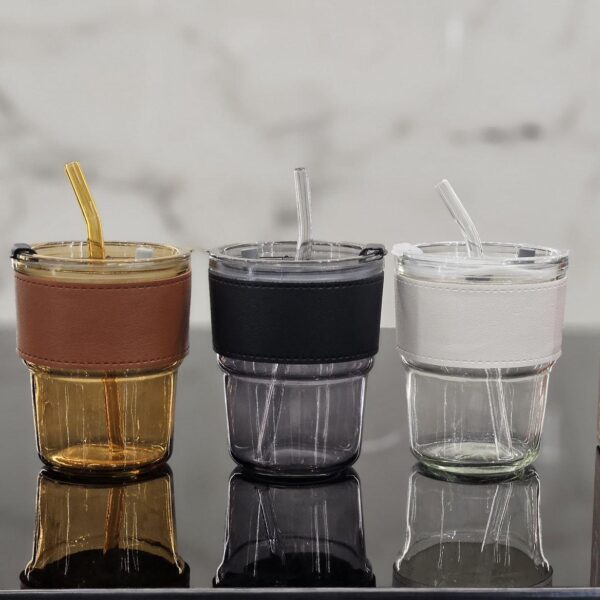 Premium glass tumbler mug with straw and leather sleeve for corporate gifting in Bangalore