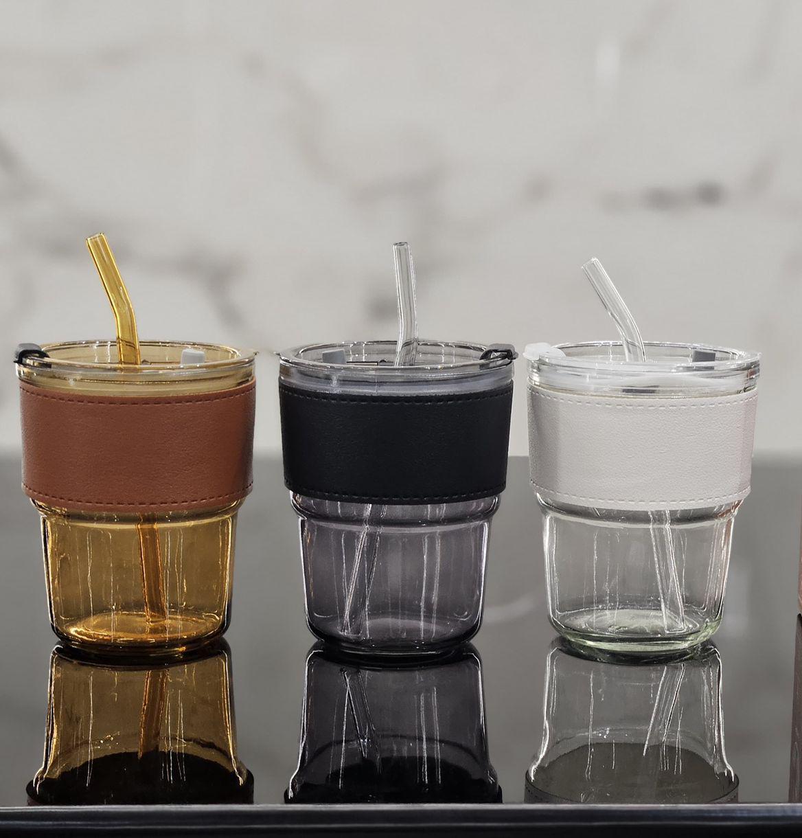 Premium glass tumbler mug with straw and leather sleeve for corporate gifting in Bangalore