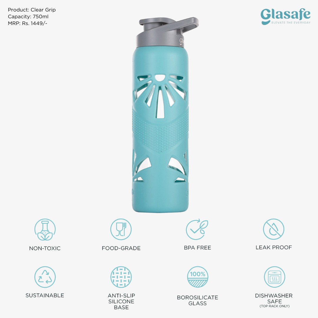 Premium Glasafe borosilicate glass water bottle with silicone grip for corporate gifting in Bangalore
