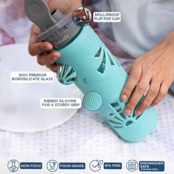 Premium Glasafe borosilicate glass water bottle with silicone grip for corporate gifting in Bangalore