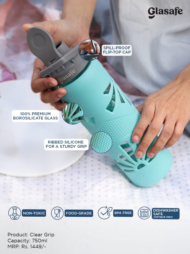 Premium Glasafe borosilicate glass water bottle with silicone grip for corporate gifting in Bangalore