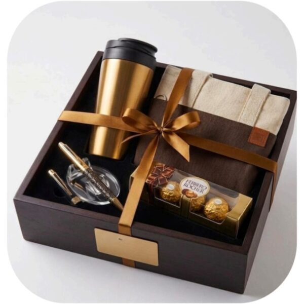Premium corporate gift hamper Bangalore with executive notebook, travel tumbler, gourmet chocolates, and luxury accessories