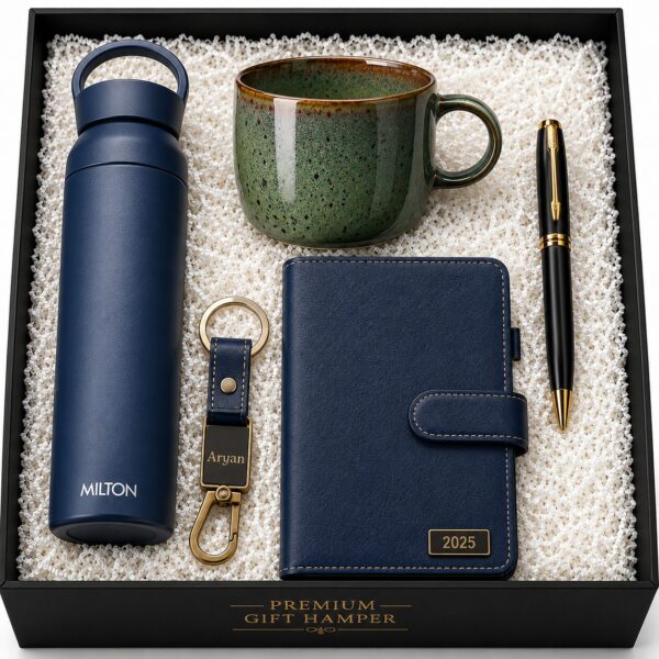 Premium executive corporate gift hamper with insulated bottle, diary, pen, mug and personalized keychain for corporate gifting Bangalore