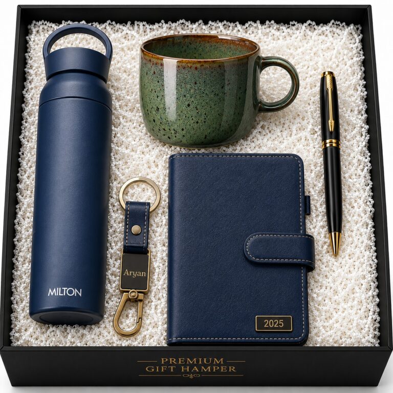 Premium executive corporate gift hamper with insulated bottle, diary, pen, mug and personalized keychain for corporate gifting Bangalore