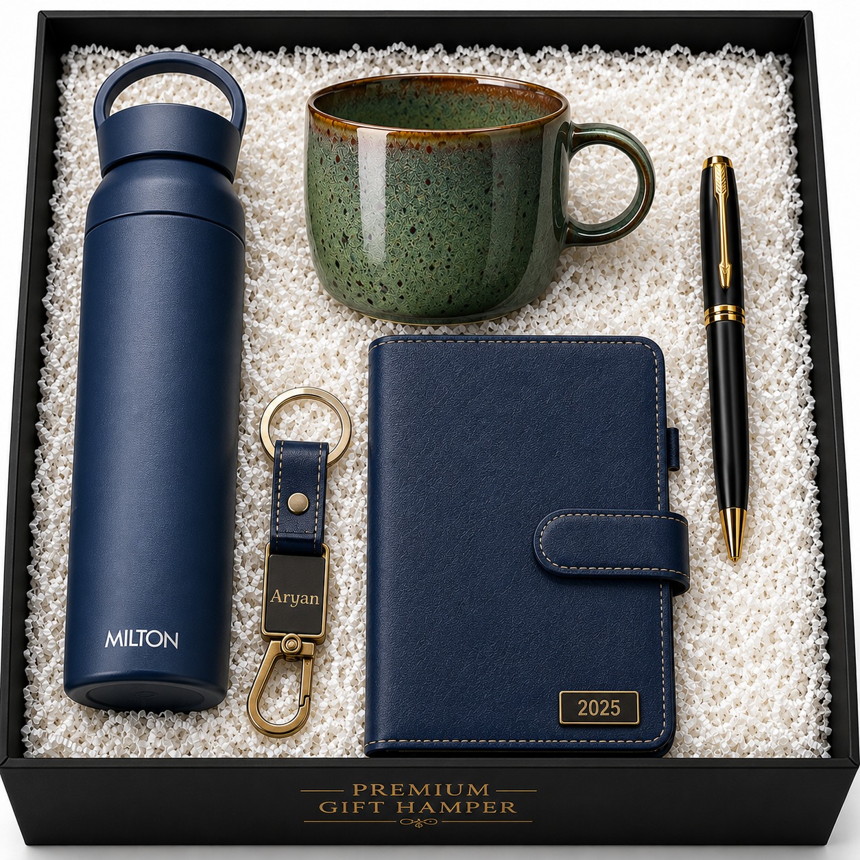 Premium executive corporate gift hamper with insulated bottle, diary, pen, mug and personalized keychain for corporate gifting Bangalore
