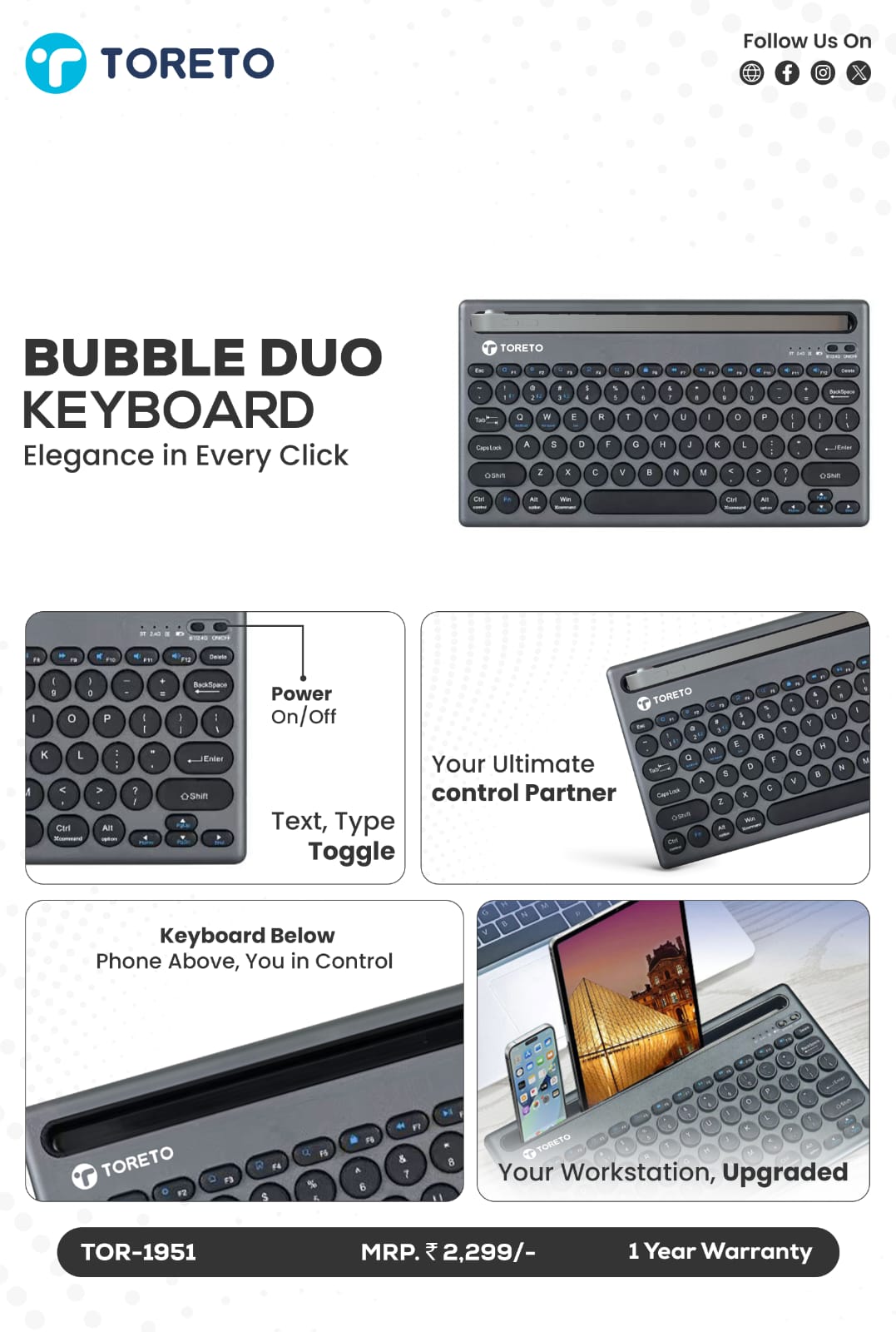 Wireless Dual Device Keyboard TORETO Bubble Duo Keyboard TOR-1951 for Corporate Gifts Bangalore