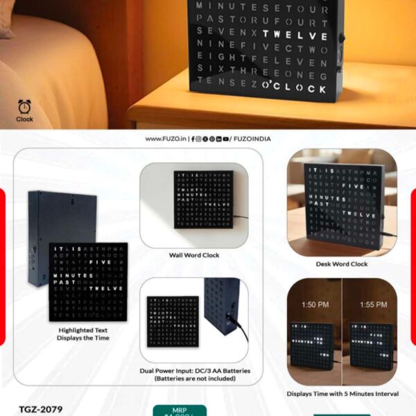 FUZO Grid LED Word Clock for corporate gifting in Bangalore, premium desk and wall clock with illuminated word time display