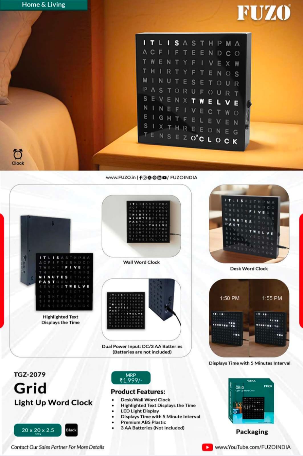 FUZO Grid LED Word Clock for corporate gifting in Bangalore, premium desk and wall clock with illuminated word time display