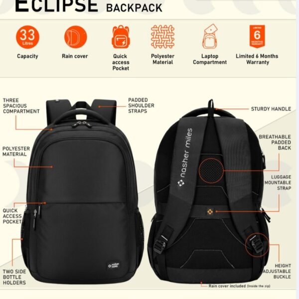 Nasher Miles Eclipse 33L corporate laptop backpack in black with laptop compartment, rain cover, and ergonomic design for corporate gifting in Bangalore