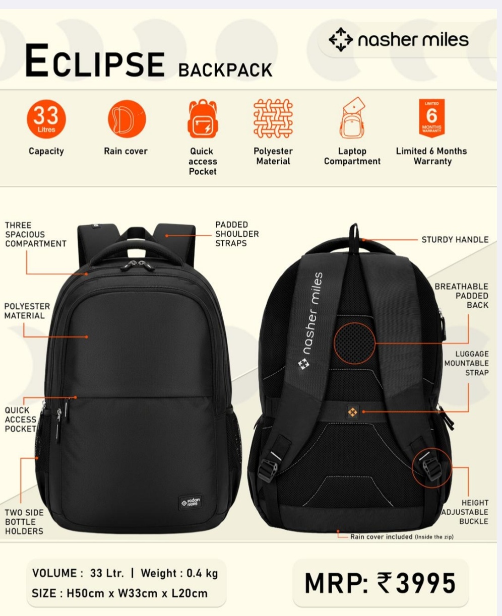 Nasher Miles Eclipse 33L corporate laptop backpack in black with laptop compartment, rain cover, and ergonomic design for corporate gifting in Bangalore