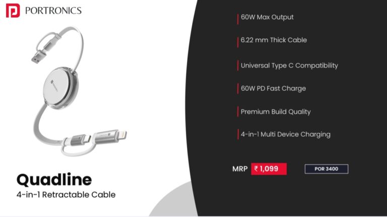 Portronics Quadline 4-in-1 retractable charging cable for corporate gifting in Bangalore with 60W PD fast charging