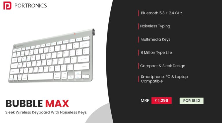 Portronics Bubble Max Corporate Wireless Keyboard Bangalore with Bluetooth 5.3, silent typing keys, and multi-device compatibility
