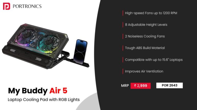 Portronics My Buddy Air 5 RGB Laptop Cooling Pad for corporate gifting in Bangalore with dual silent fans and adjustable height