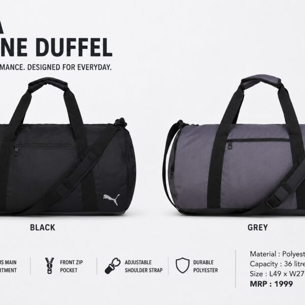 Premium Puma Proline Duffel Bag for Corporate Gifting in Bangalore with Custom Logo Branding – Black & Grey 36L Travel Bag