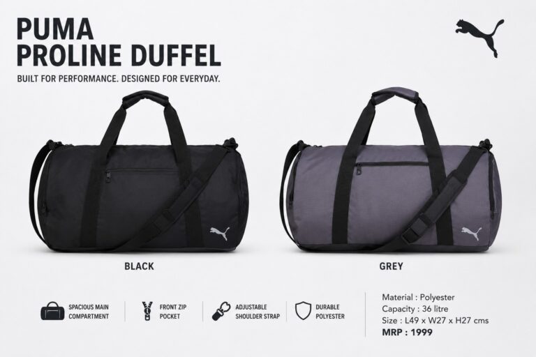 Premium Puma Proline Duffel Bag for Corporate Gifting in Bangalore with Custom Logo Branding – Black & Grey 36L Travel Bag