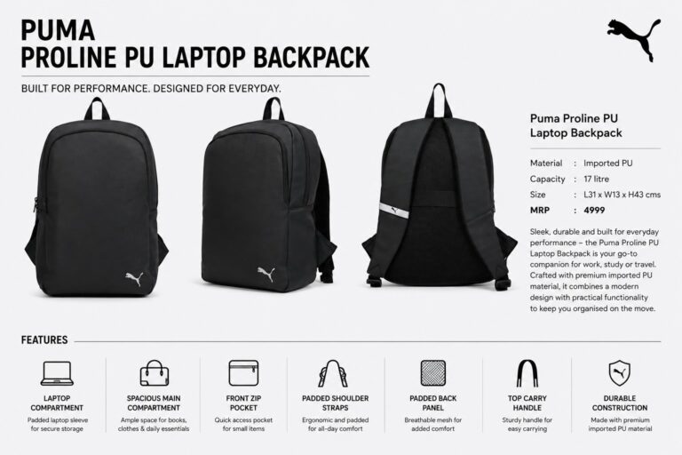 Puma Proline PU Laptop Backpack for Corporate Gifts Bangalore with premium imported PU material, laptop compartment, padded back panel, and custom company logo branding.