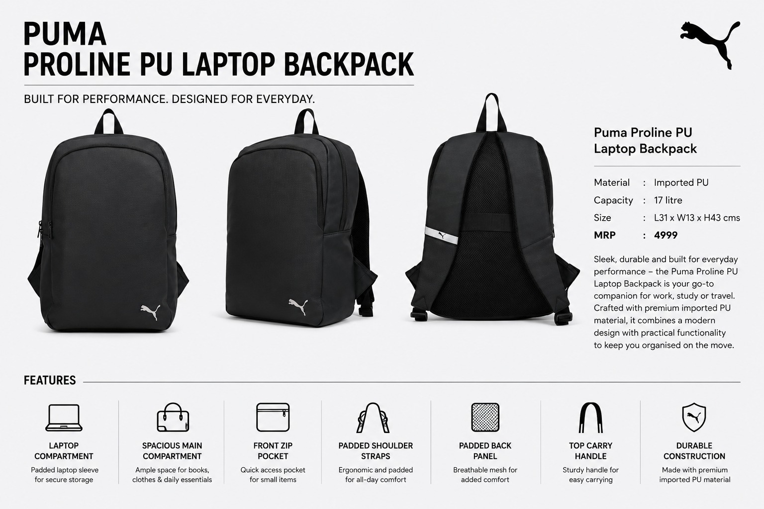 Puma Proline PU Laptop Backpack for Corporate Gifts Bangalore with premium imported PU material, laptop compartment, padded back panel, and custom company logo branding.